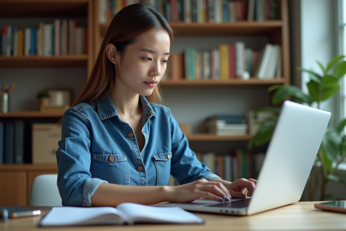 Jeune femme en denim au bureau à domicile
