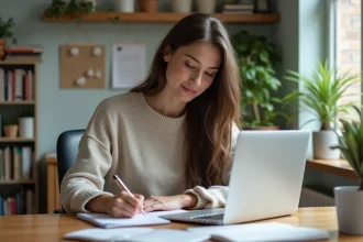 Jeune femme concentrée dans son bureau moderne avec ordinateur