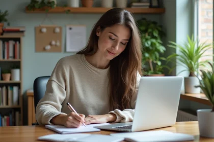 Jeune femme concentrée dans son bureau moderne avec ordinateur