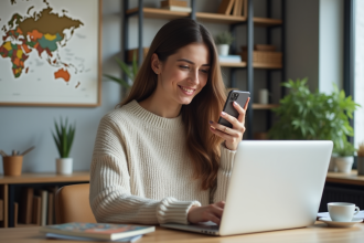 Jeune femme au bureau utilisant un ordinateur portable