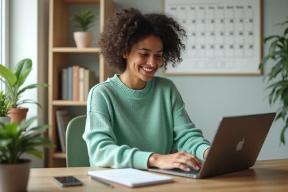 Jeune femme souriante tapant sa date de naissance sur un ordinateur dans un bureau lumineux