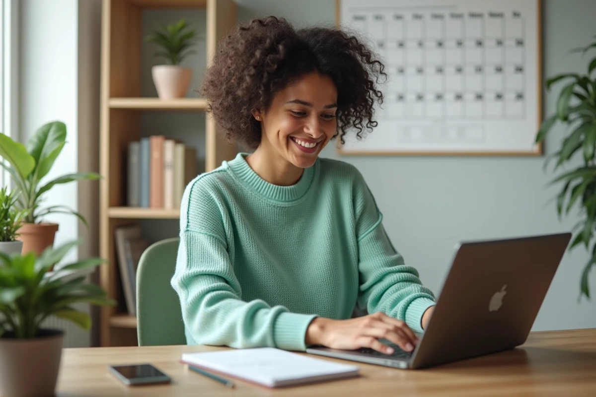 Jeune femme souriante tapant sa date de naissance sur un ordinateur dans un bureau lumineux