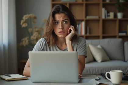 Jeune femme inquiète avec ordinateur dans un salon cosy