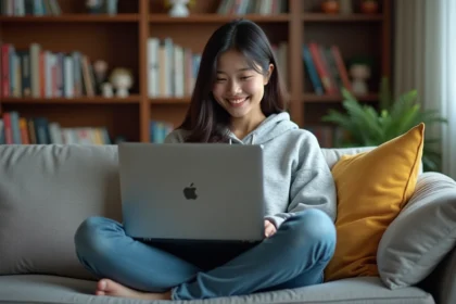 Jeune femme en hoodie gris utilisant un laptop dans un salon cosy