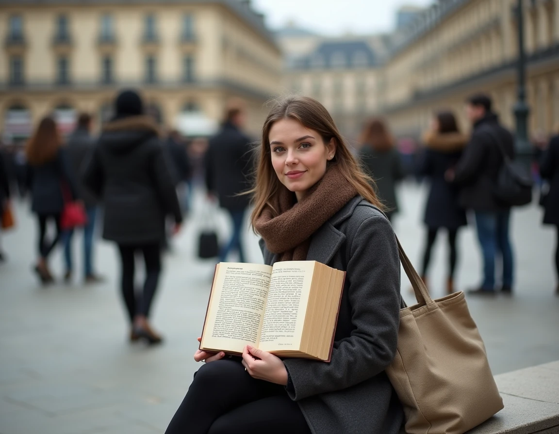 Jeune femme lisant un ouvrage de sociologie de Durkheim sur un banc dans une place publique parisienne animée