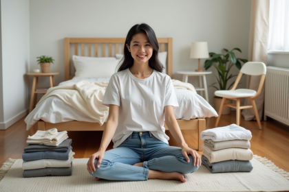Jeune femme en t-shirt blanc dans une chambre minimaliste