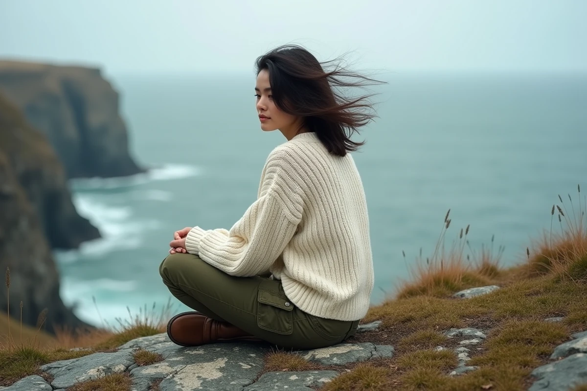 Jeune femme seule assise sur une falaise rocheuse face à l'océan, symbolisant la solitude choisie et la liberté intérieure dans la nature