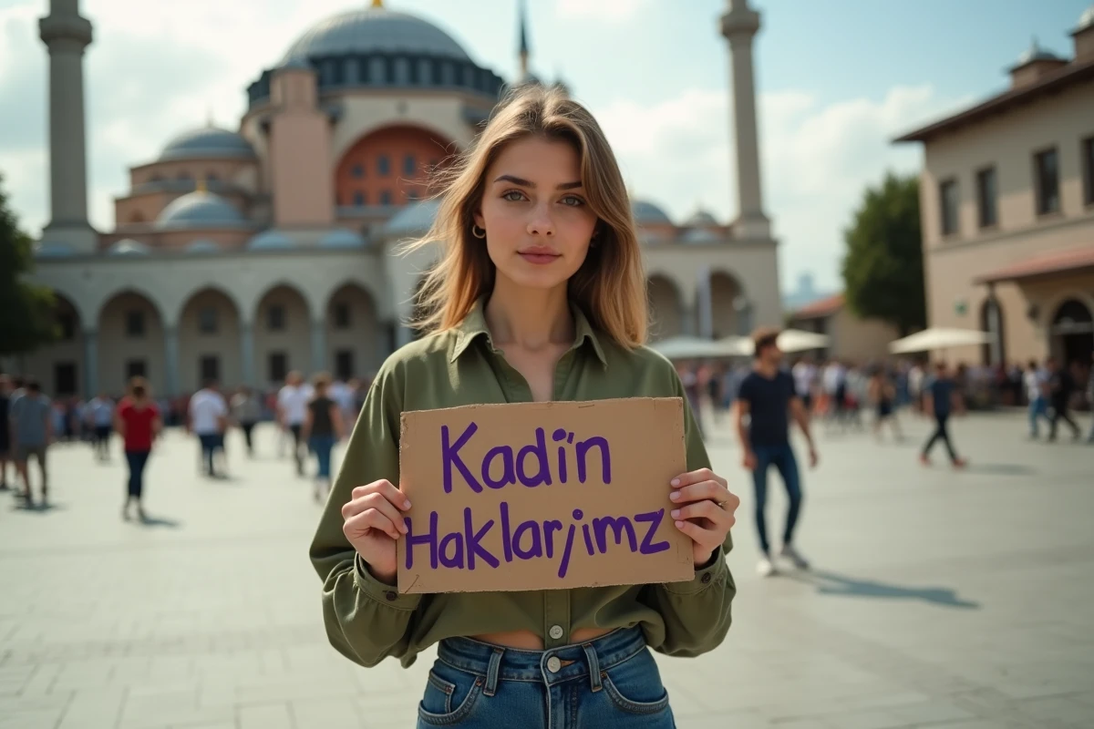 Jeune femme turque tenant une pancarte artisanale féministe en turc sur une place publique avec une mosquée ottomane en arrière-plan flou, symbole du féminisme contemporain en Turquie