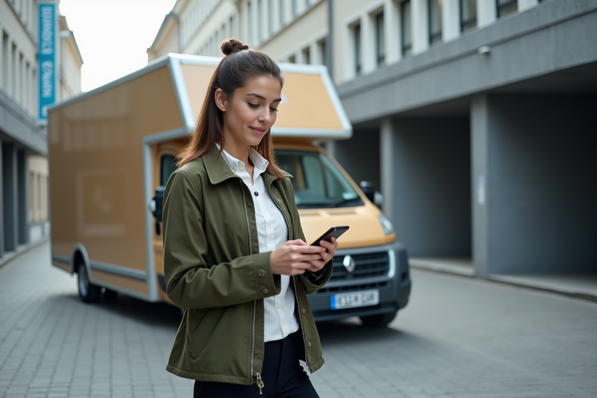 Jeune femme vérifiant son smartphone près d un camion de déménagement