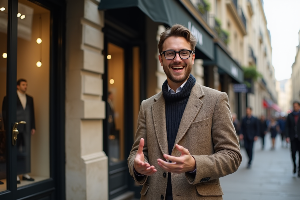 Jeune homme mode devant boutique Lanvin à Paris