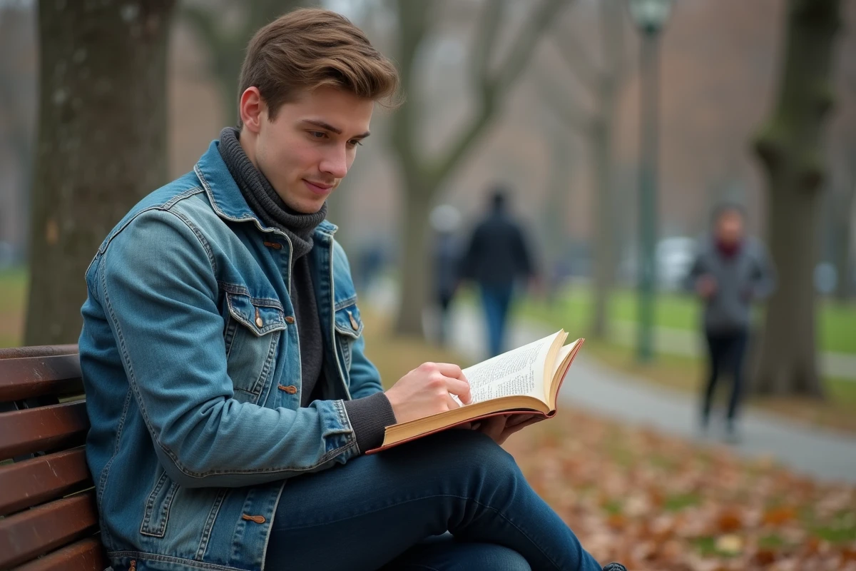 Jeune homme lisant un livre populaire sur un banc de parc en ville, pages froissées par le vent