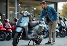 Jeune homme inspectant une moto 50cc dans un dépôt de scooters