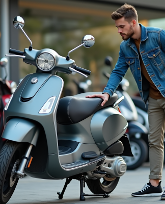 Jeune homme inspectant une moto 50cc dans un dépôt de scooters