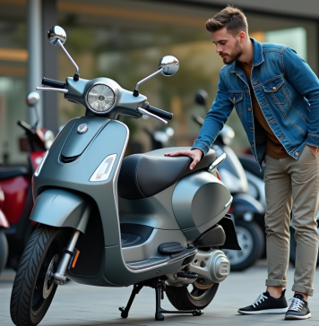 Jeune homme inspectant une moto 50cc dans un dépôt de scooters