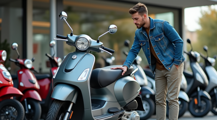 Jeune homme inspectant une moto 50cc dans un dépôt de scooters