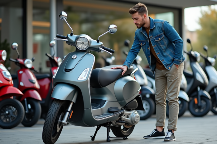 Jeune homme inspectant une moto 50cc dans un dépôt de scooters