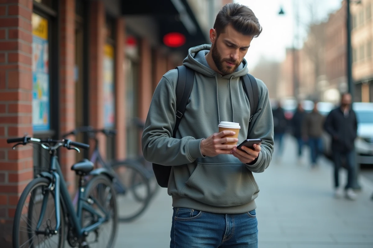 Jeune homme nerveux avec smartphone en milieu urbain