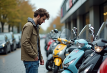 Pourquoi le prix d’un scooter 50 cc neuf varie-t-il ? Jeune homme inspectant un scooter 50 cc en ville
