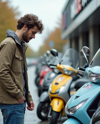 Jeune homme inspectant un scooter 50 cc en ville