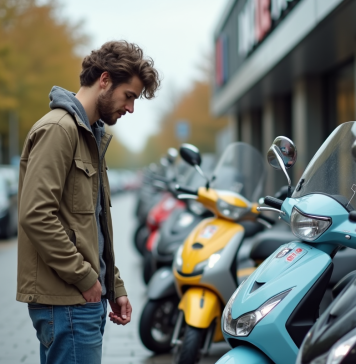 Jeune homme inspectant un scooter 50 cc en ville