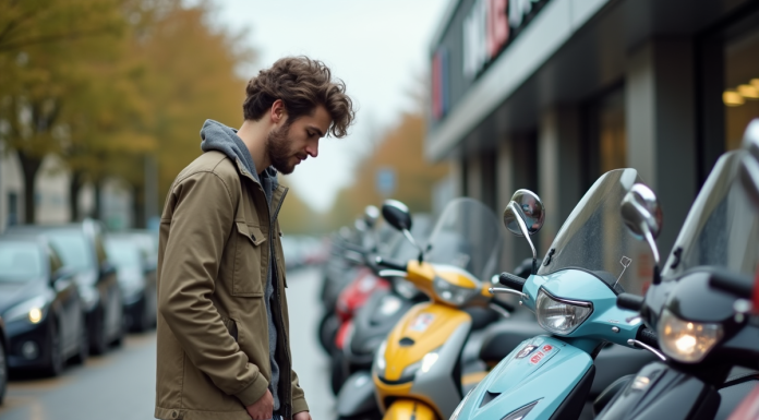 Jeune homme inspectant un scooter 50 cc en ville