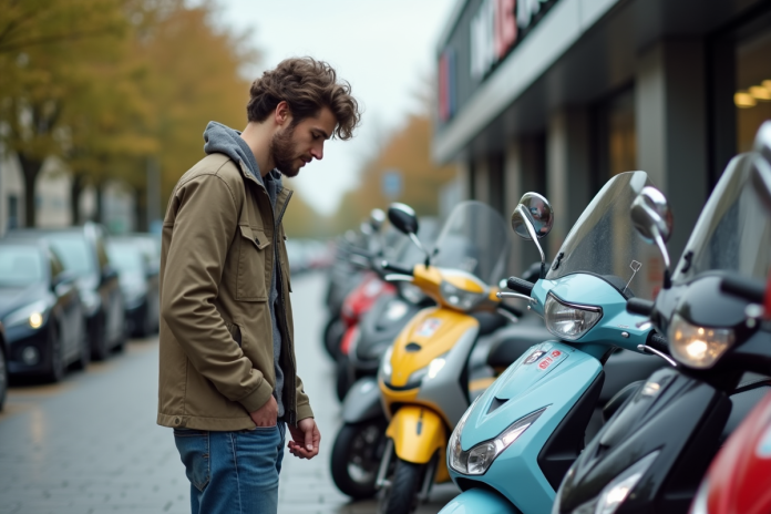 jeune-homme-scooters-urbain Jeune homme inspectant un scooter 50 cc en ville