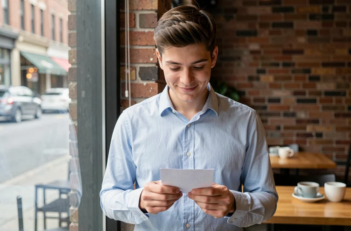 Jeune homme timide tenant un petit mot d'amour plié dans un café moderne, regard doux et hésitant