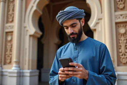 Jeune musulman en thobe bleu devant une mosquee à Toulouse