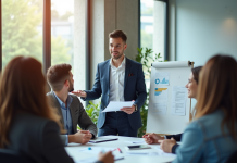 Jeune professionnel présentant un plan d'affaires en réunion