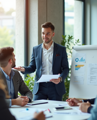 Jeune professionnel présentant un plan d'affaires en réunion