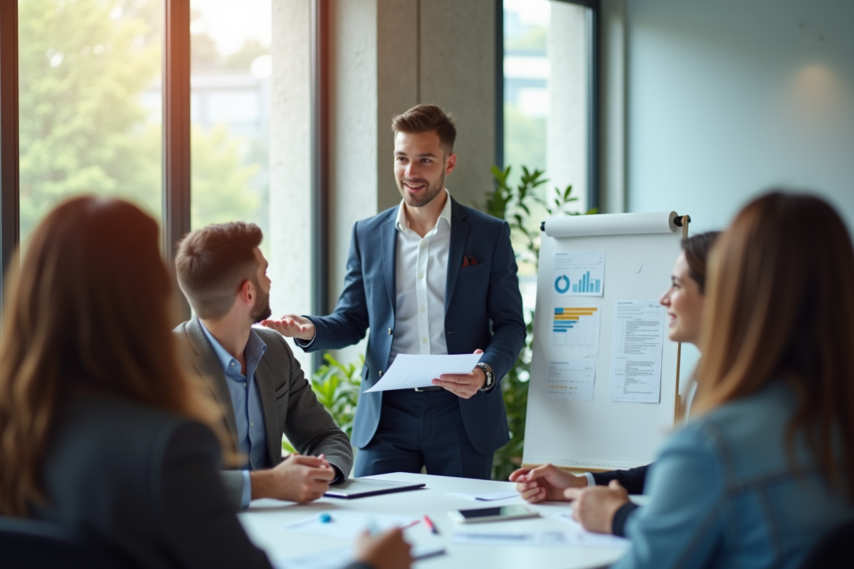 Jeune professionnel présentant un plan d'affaires en réunion