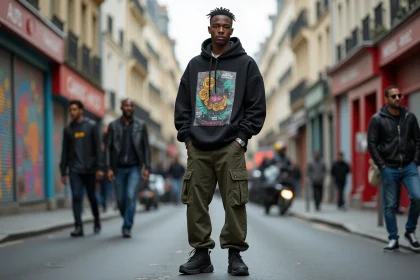 Jeune rappeur noir dans la rue parisienne dynamique