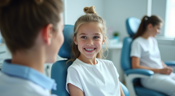 Jeune souriant en cabinet dentaire avec appareils dentaires