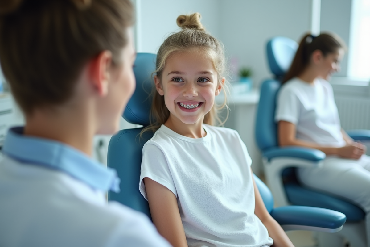Jeune souriant en cabinet dentaire avec appareils dentaires