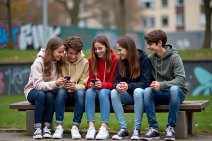 Groupe d'adolescents riant en regardant un smartphone dans un parc urbain