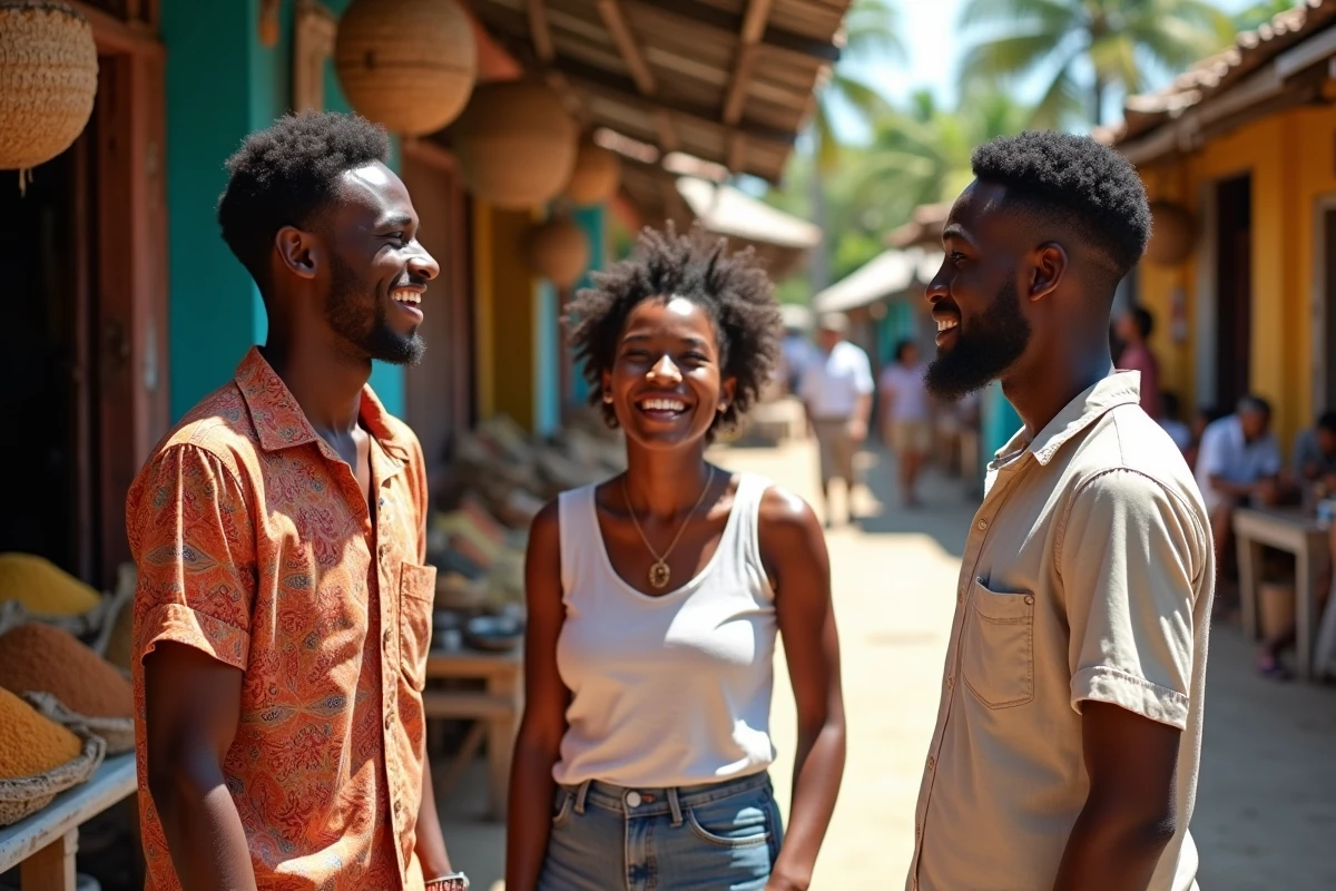 Groupe de jeunes adultes issus de différentes îles créoles réagissant avec surprise et humour à une expression créole dans un marché tropical multiculturel