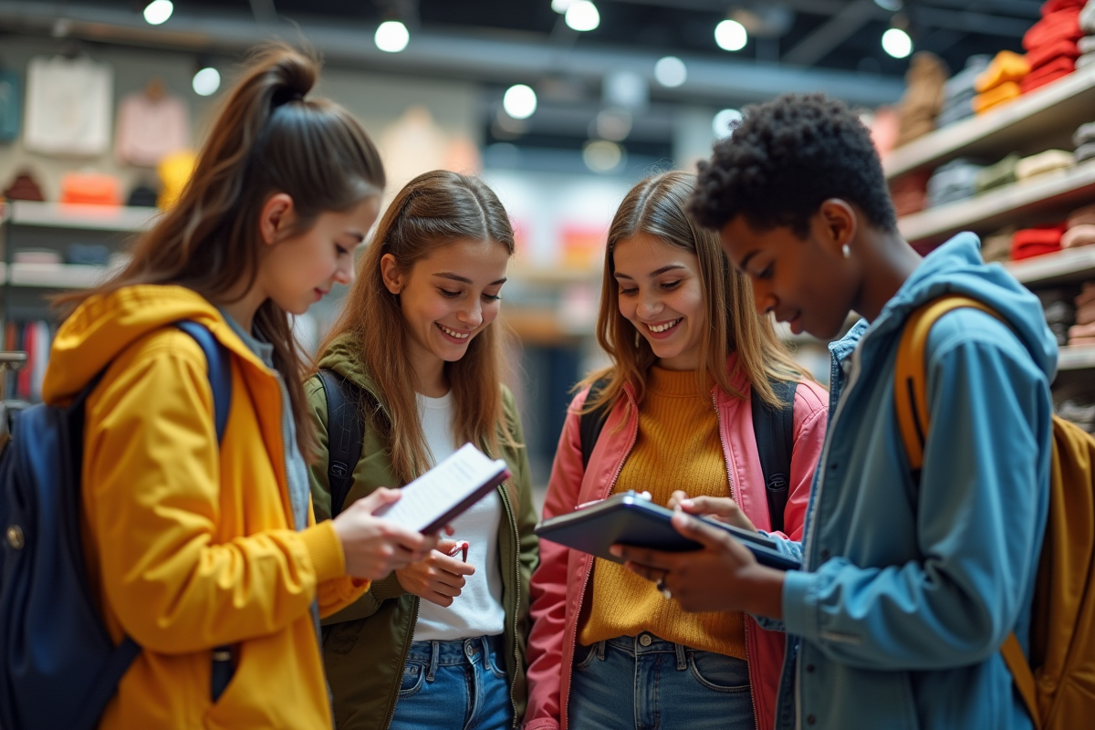 Groupe d adolescents faisant du shopping en comparant prix et utilisant un carnet de budget