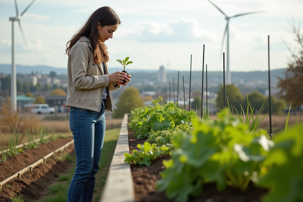 Jeune femme plantant un semis dans un jardin communautaire urbain