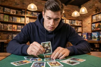 Joueur de carte concentré arrangeant une main de cartes stratégiques sur un tapis de jeu vert dans un café de jeux de société