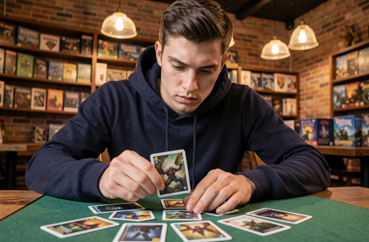 Joueur de carte concentré arrangeant une main de cartes stratégiques sur un tapis de jeu vert dans un café de jeux de société