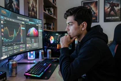 Joueur de League of Legends analysant ses statistiques de temps de jeu sur un écran dans un setup gaming moderne