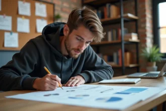 Jeune homme étudiant une composition stratégique de village sur un bureau en bois avec des notes annotées