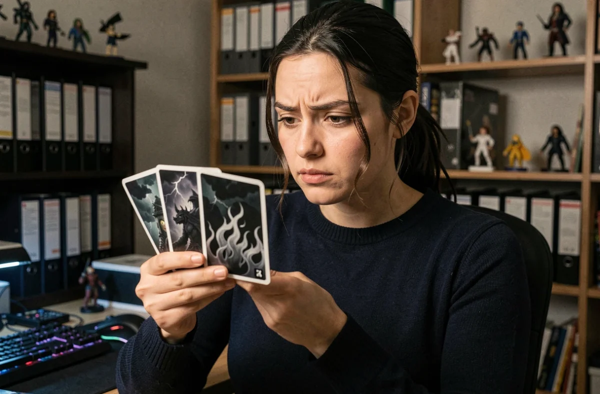 Joueuse analysant son deck Foudre Noire avec des cartes en main dans une pièce de jeu