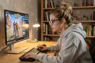 Jeune femme jouant à un jeu vidéo sur PC avec interface de personnalisation de personnage affichée à l'écran dans un bureau cosy