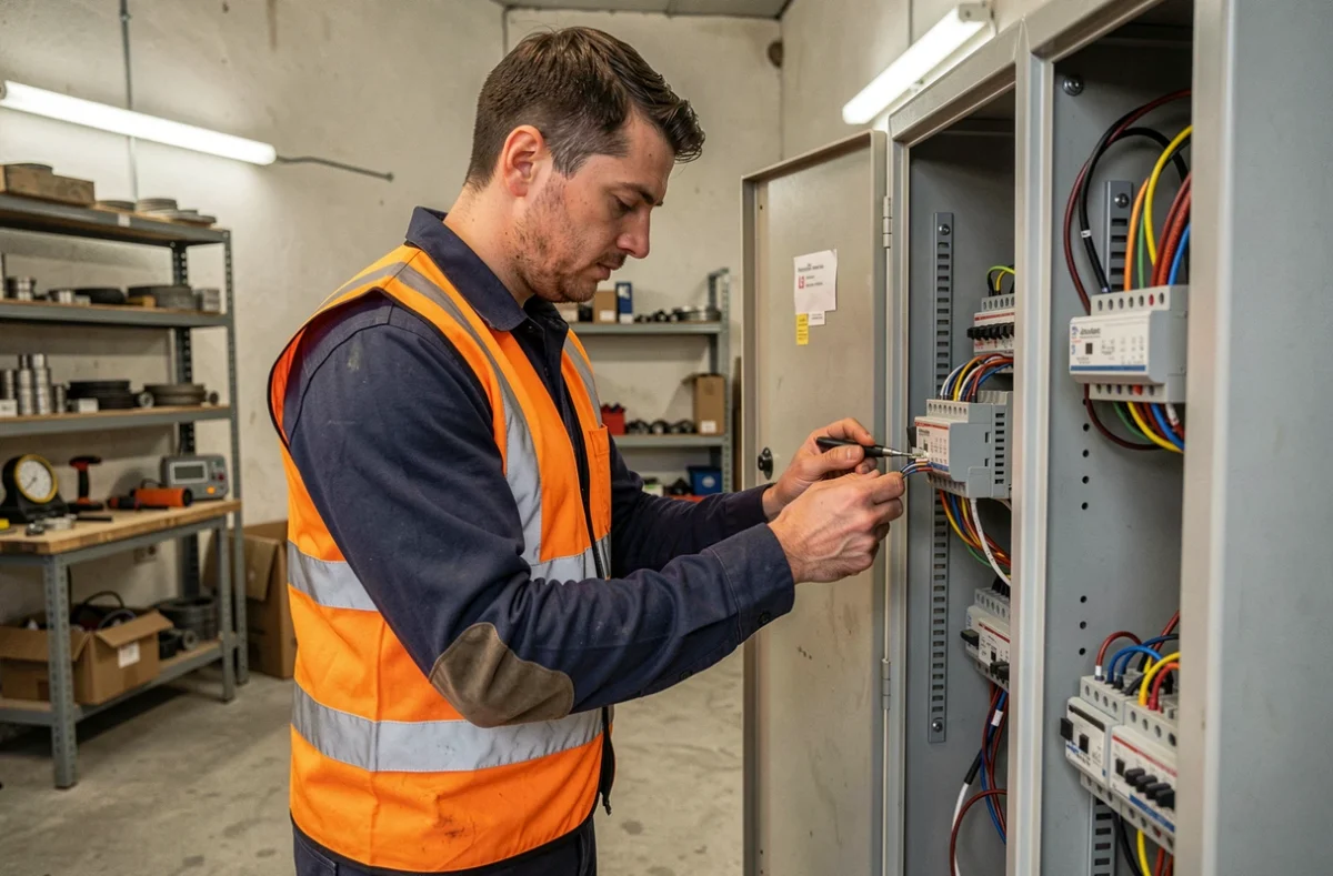 Électricien JVE connectant un câblage dans une armoire électrique industrielle à Etueffont