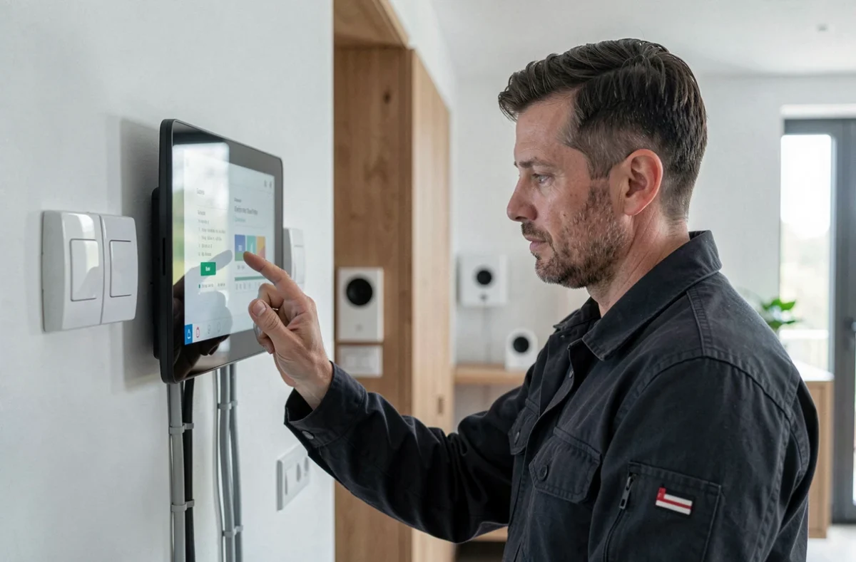 Électricien de KSelec programmant un panneau de domotique dans un appartement moderne équipé de systèmes courants faibles