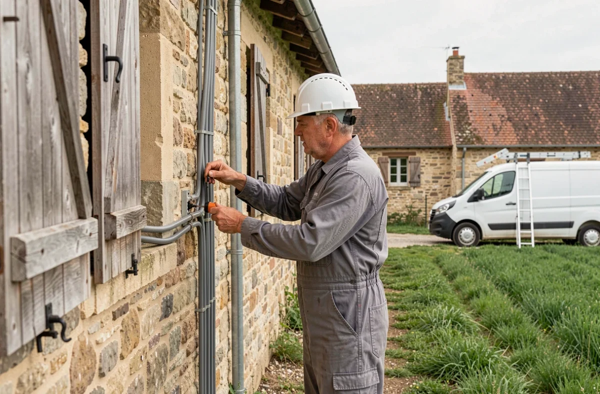 Électricien de Lapierre Electricité Générale posant des conduits électriques sur une maison en milieu rural près de Fauverney
