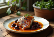 Plat de lapin aux prunes présenté sur une table en bois rustique