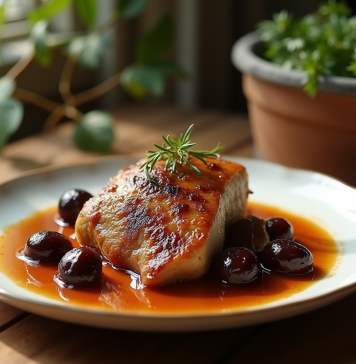 Plat de lapin aux prunes présenté sur une table en bois rustique