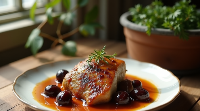 Plat de lapin aux prunes présenté sur une table en bois rustique